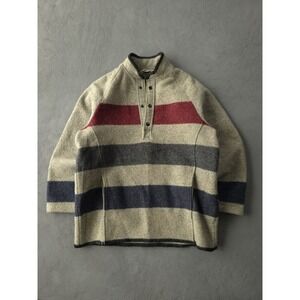 Vintage 1980s Woolrich Grey Wool Striped Pullover Sweater Jacket USA Made M